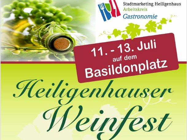 Plakat zum Weinfest Heiligenhaus mit Angabe der Öffnungszeiten und der beteiligten Winzer